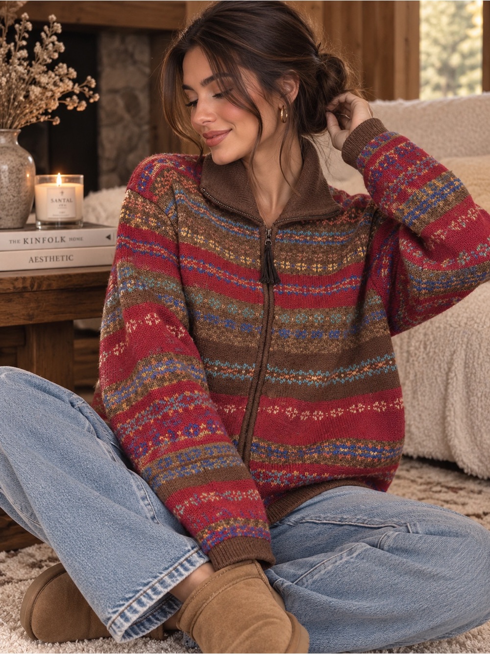 Vintage Tiara International Fair Isle Zip-Up Sweater - Women's Medium